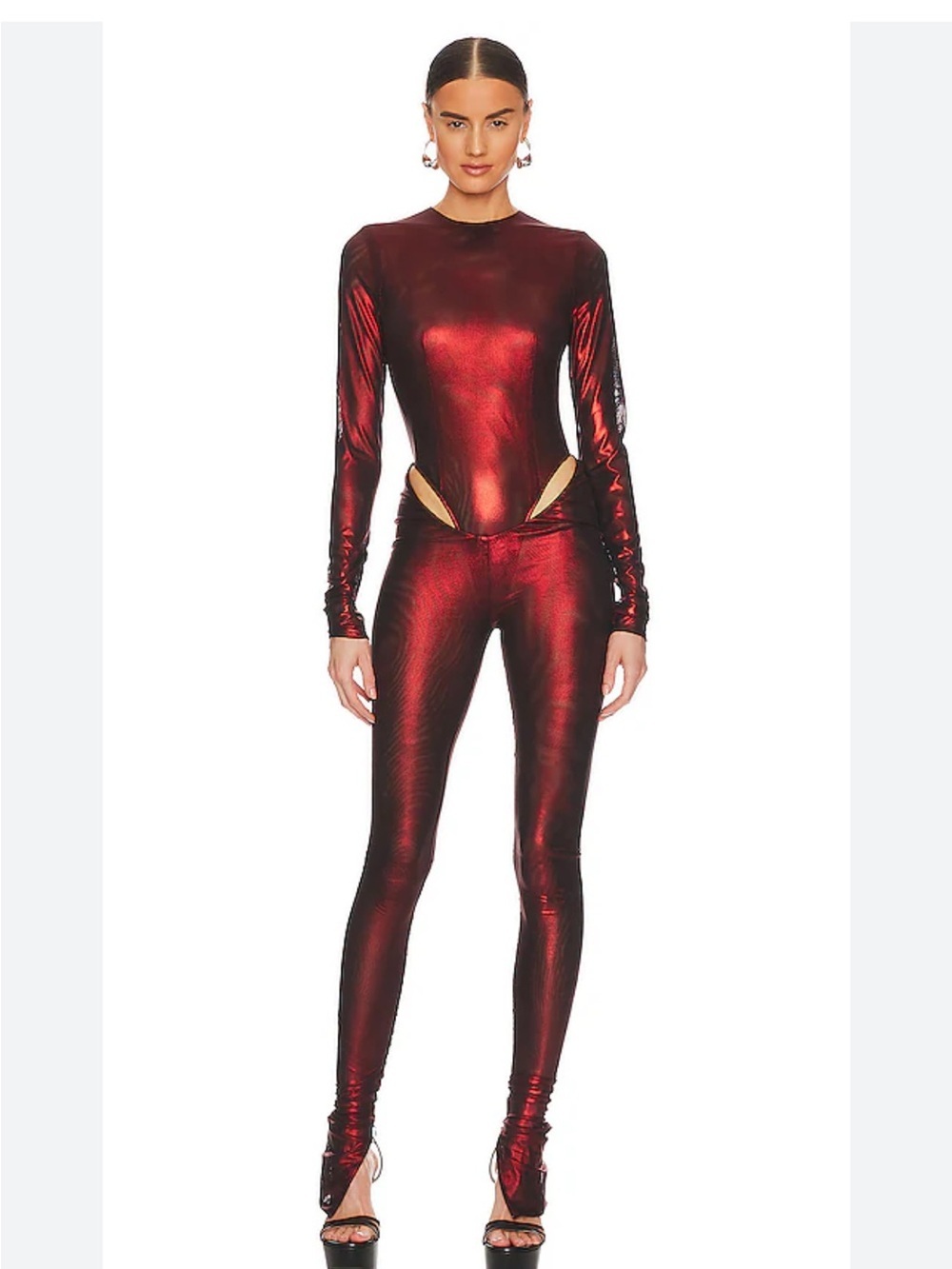 LaQuan Smith Oxblood Metallic Cutout Jumpsuit Red Burgundy Designer Catsuit XS